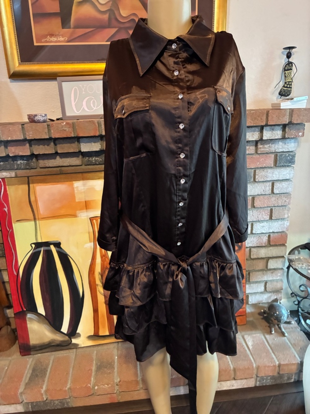 Chocolate Brown Ruffle Shirt Dress - Elegant Button-Front